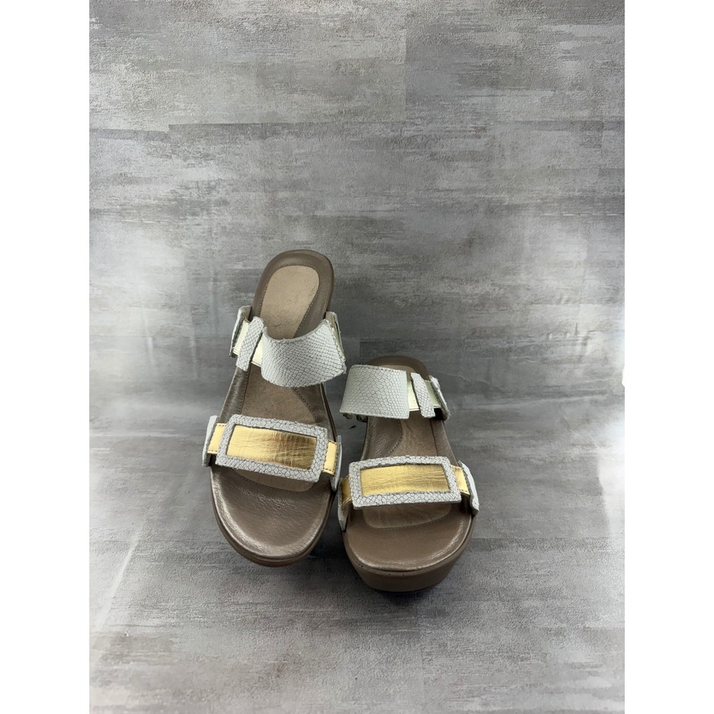 Naot Women White Gold Snakeskin Leather Wedge Sandals Sz EU 39 Slide